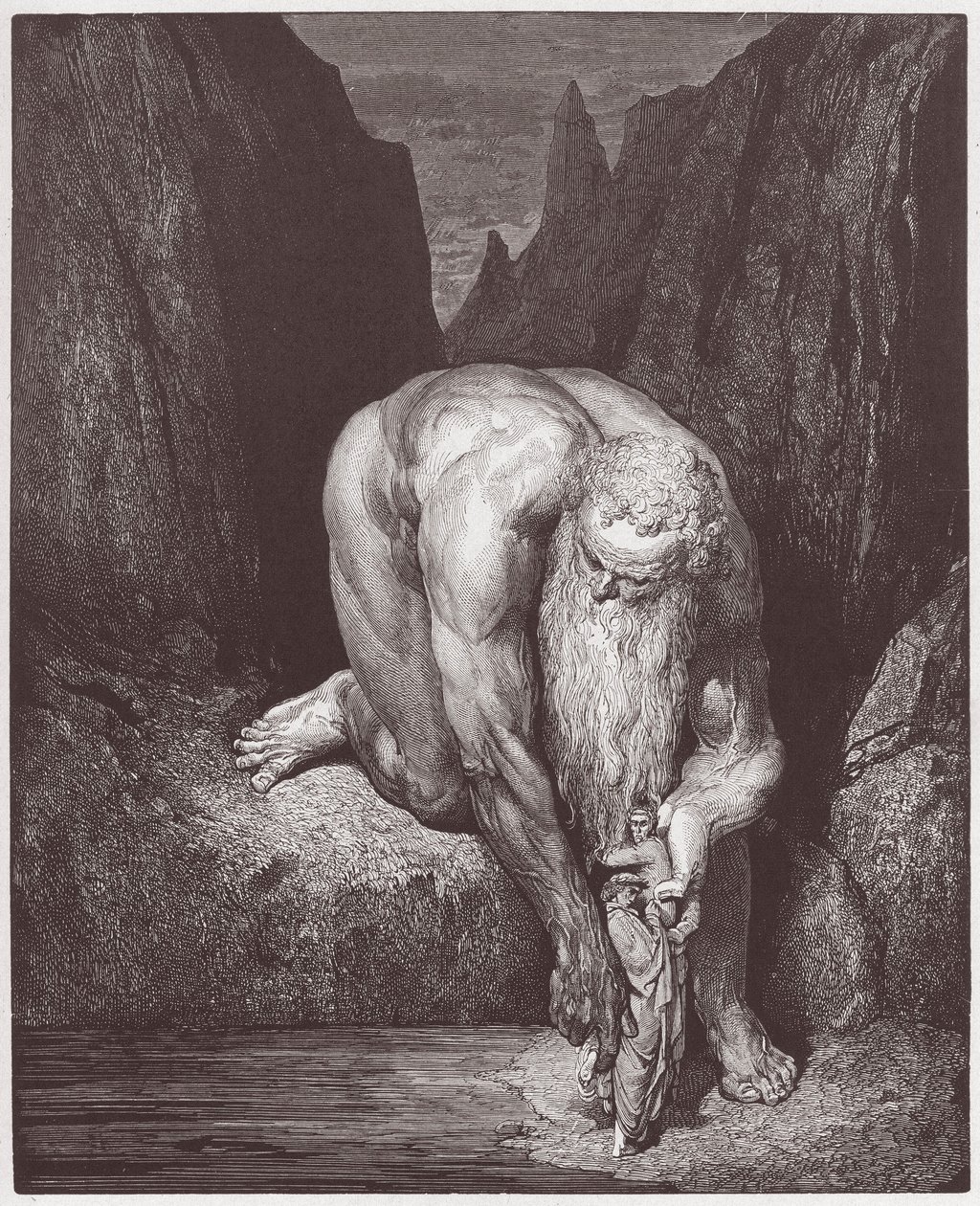 The Divine Comedy (La Divina Commedia, La Divine Comedie), Inferno, Canto 31: Den gigantiske Antaeus senker Dante og Virgil ned i den siste sirkelen - av Dante Alighieri (1265-1321) - Illustrasjon av Gustave Dore (1832-1883) av Gustave Dore