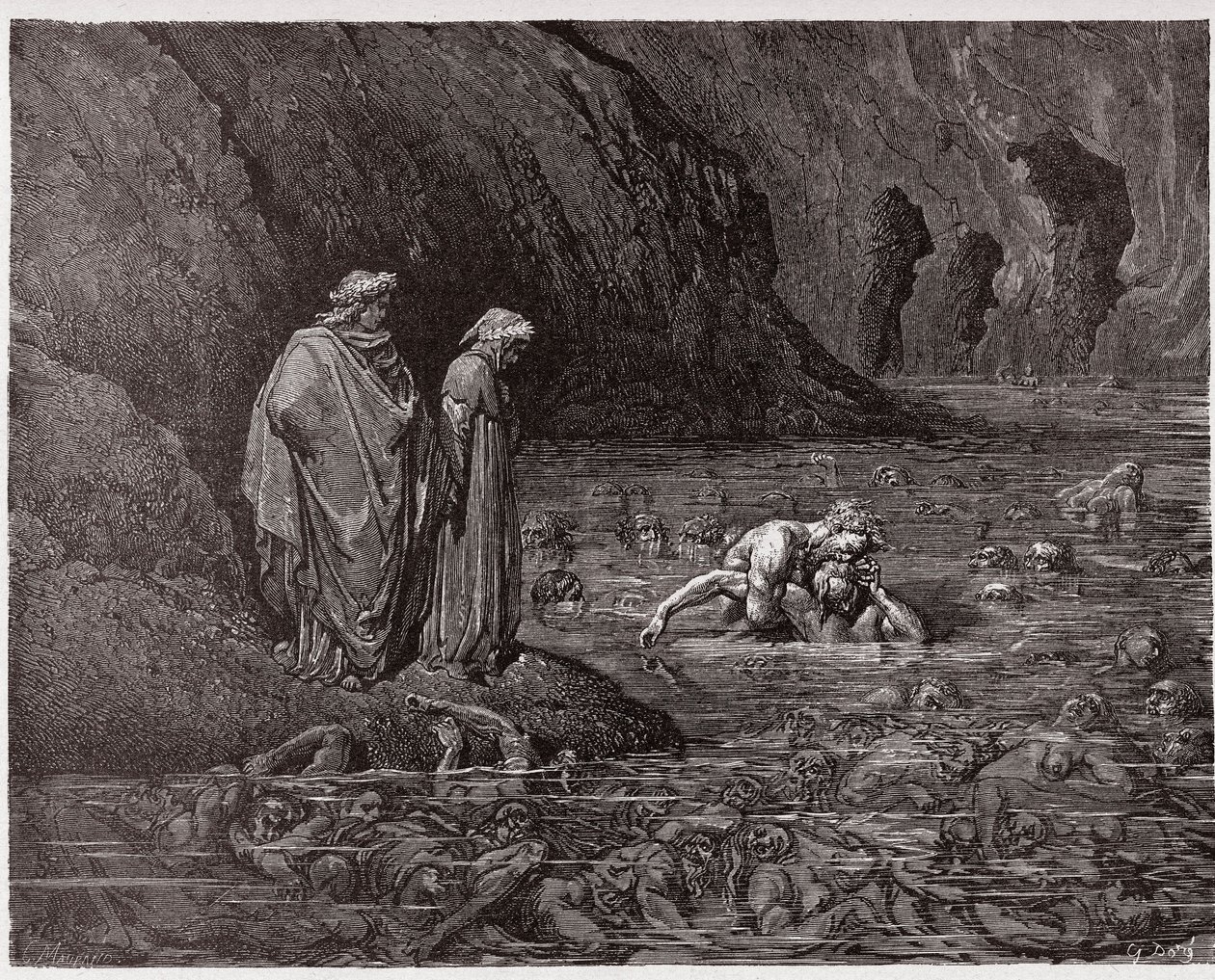 Den guddommelige komedie (La Divina Commedia, La Divine Comedie), Inferno, Canto 32: Ugolino gnager på hodet til erkebiskop Ruggieri - av Dante Alighieri (1265-1321) - Illustrasjon av Gustave Dore (1832-1883) av Gustave Dore