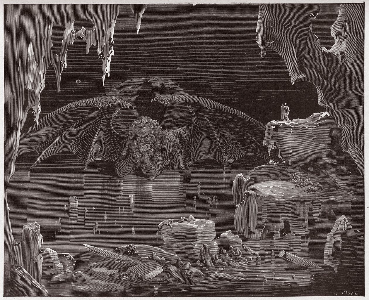 The Divine Comedy (La Divina Commedia, La Divine Comedie), Inferno, Canto 34: Lucifer, konge av helvete, frosset i isen - av Dante Alighieri (1265-1321) - Illustrasjon av Gustave Dore (1832-1883) av Gustave Dore