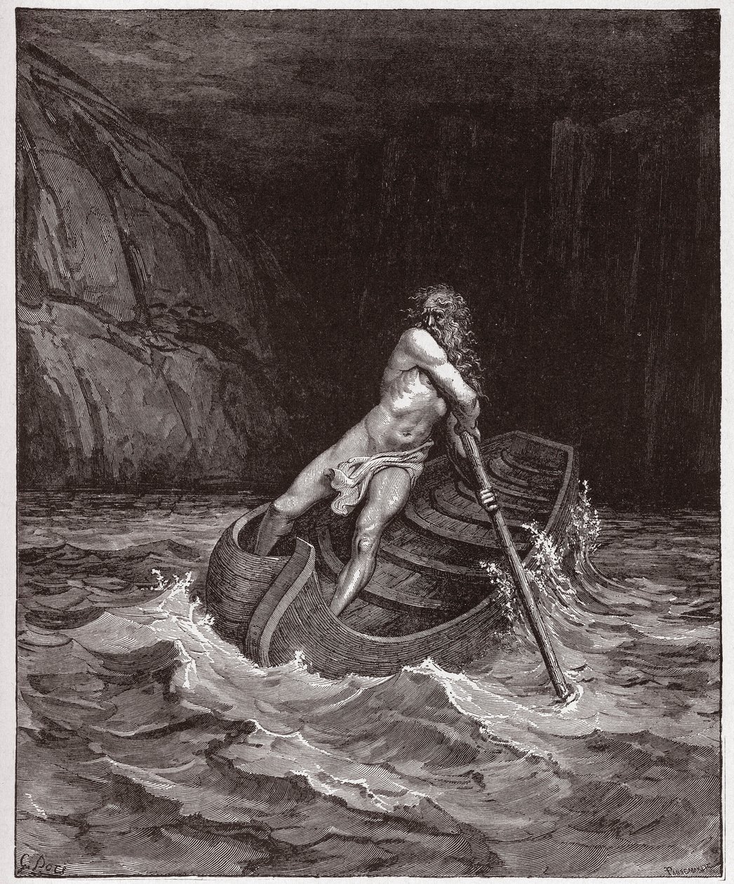 The Divine Comedy (La Divina Commedia, La Divine Comedie), Inferno, Canto 3: Charon (Caron) on the River Acheron - av Dante Alighieri (1265-1321) - Illustrasjon av Gustave Dore (1832-1883) av Gustave Dore