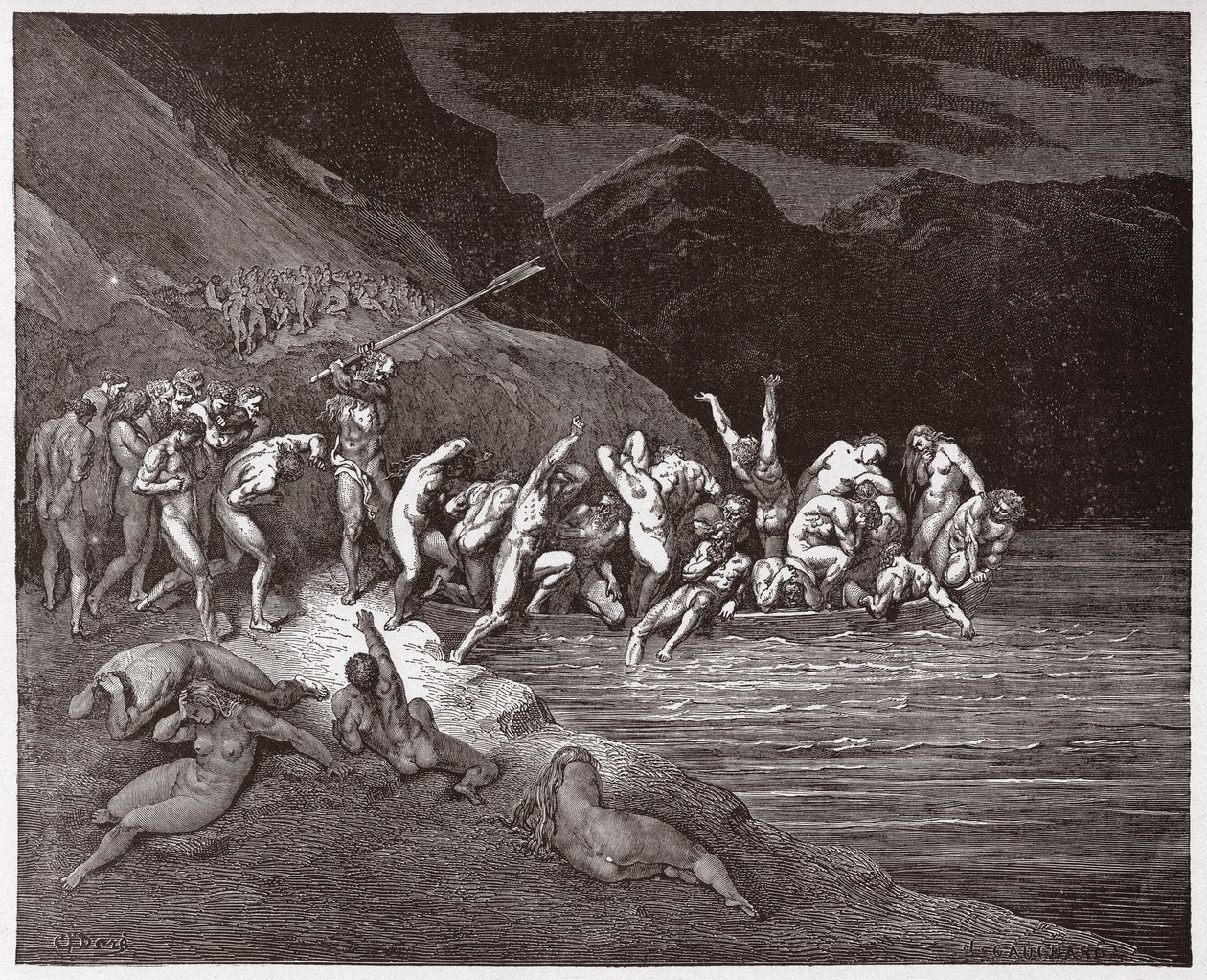 The Divine Comedy (La Divina Commedia, La Divine Comedie), Inferno, Canto 3: De dødsdømte sjelene tar fatt på å krysse Acheron - av Dante Alighieri (1265-1321) - Illustrasjon av Gustave Dore (1832-1883) av Gustave Dore