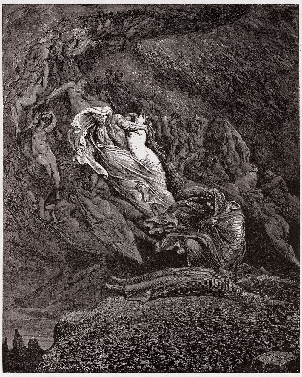 The Divine Comedy (La Divina Commedia, La Divine Comedie), Inferno, Canto 5: Francesca beskriver hennes død - av Dante Alighieri (1265-1321) - Illustrasjon av Gustave Dore (1832-1883) av Gustave Dore