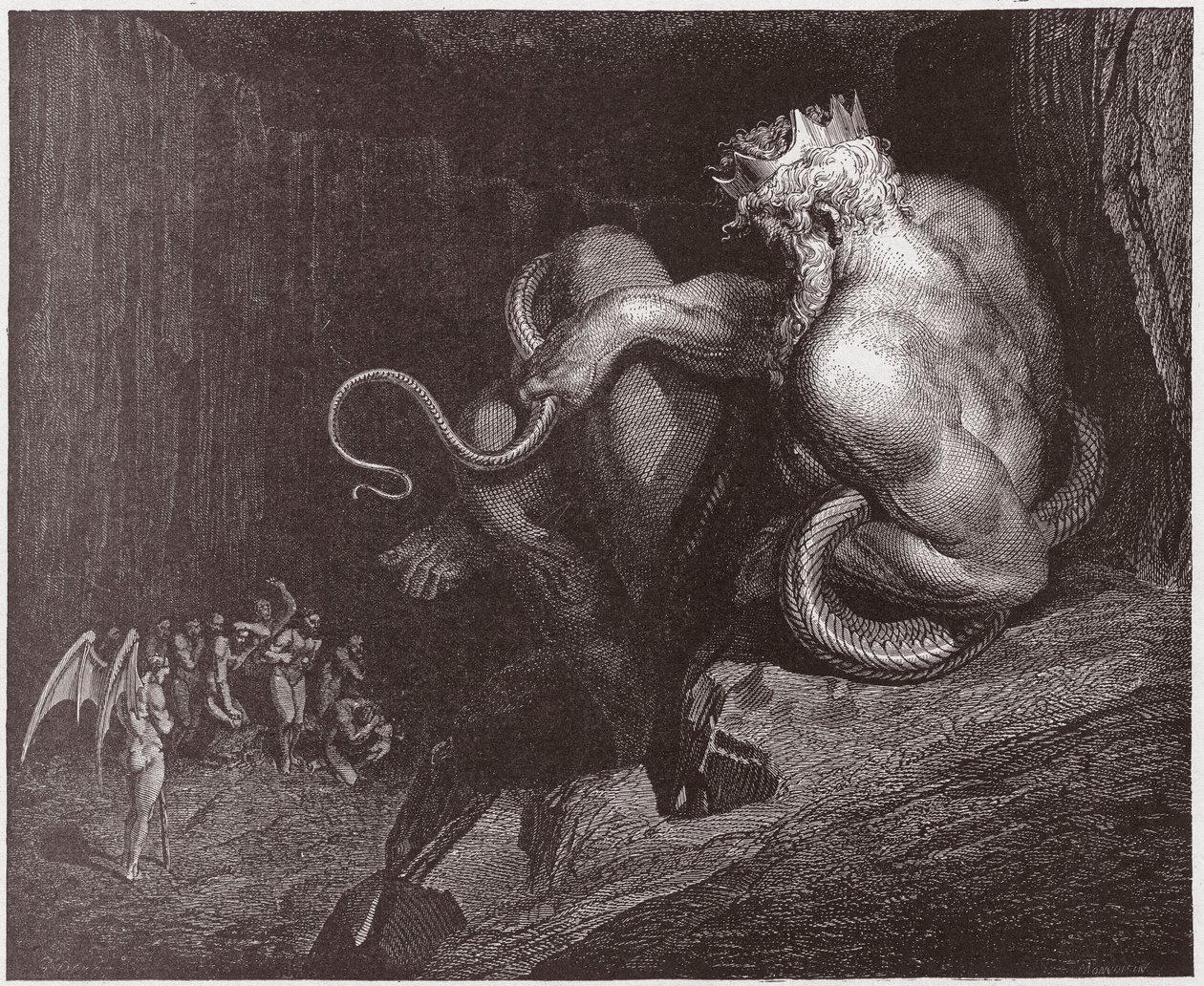 The Divine Comedy (La Divina Commedia, La Divine Comedie), Inferno, Canto 5: Minos dømmer overtredelsene og sender ut sjelene - av Dante Alighieri (1265-1321) - Illustrasjon av Gustave Dore (1832-1883) av Gustave Dore