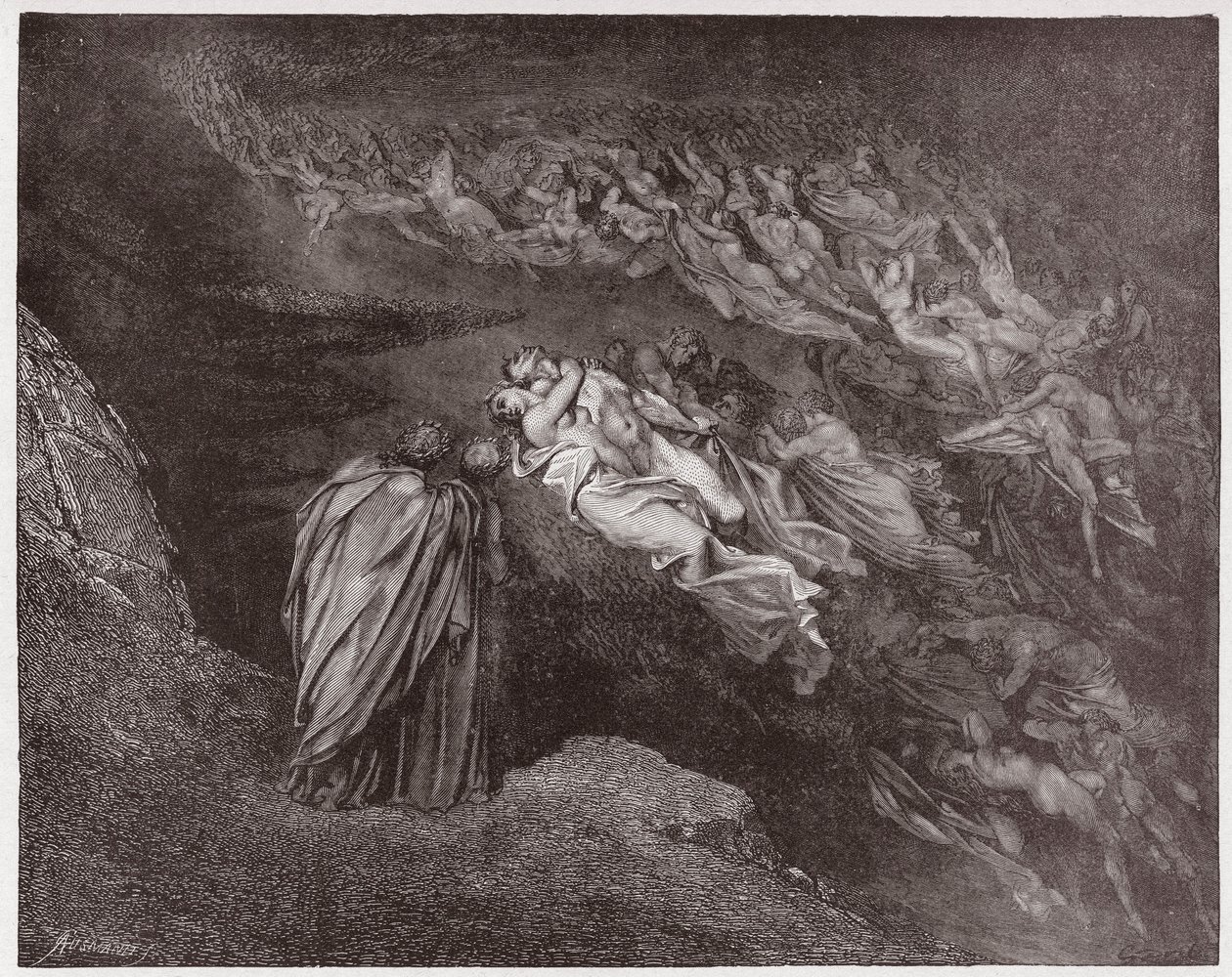 The Divine Comedy (La Divina Commedia, La Divine Comedie), Inferno, Canto 5: The soul of Francesca speaks to Dante - av Dante Alighieri (1265-1321) - Illustrasjon av Gustave Dore (1832-1883) av Gustave Dore
