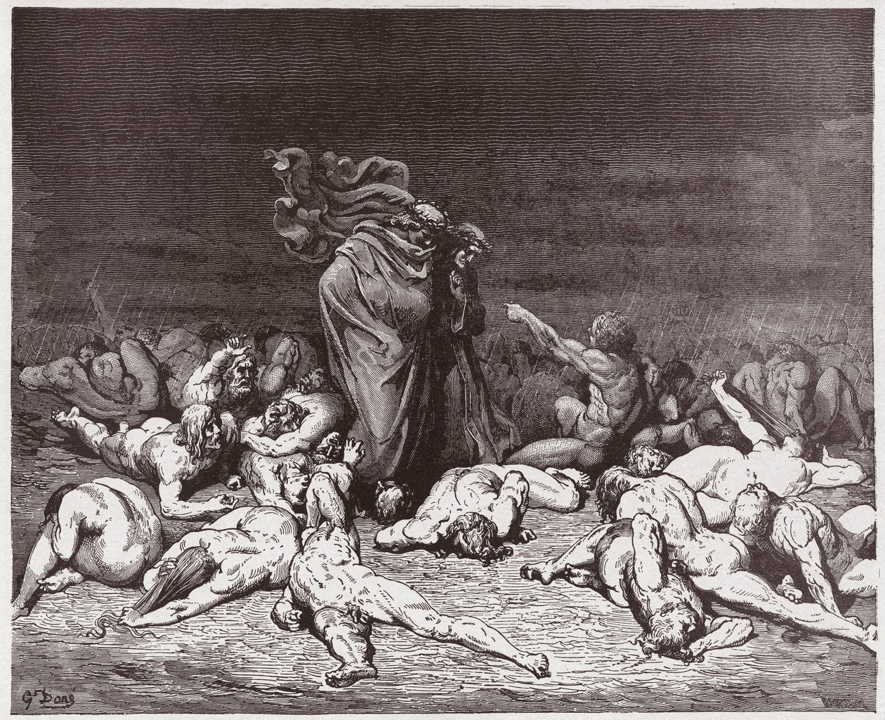 The Divine Comedy (La Divina Commedia, La Divine Comedie), Inferno, Canto 6: The gluttons slått av evig regn - av Dante Alighieri (1265-1321) - Illustrasjon av Gustave Dore (1832-1883) av Gustave Dore