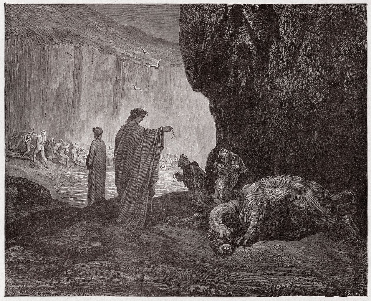 The Divine Comedy (La Divina Commedia, La Divine Comedie), Inferno, Canto 6: Virgil mater Cerberus i den tredje sirkelen - av Dante Alighieri (1265-1321) - Illustrasjon av Gustave Dore (1832-1883) av Gustave Dore