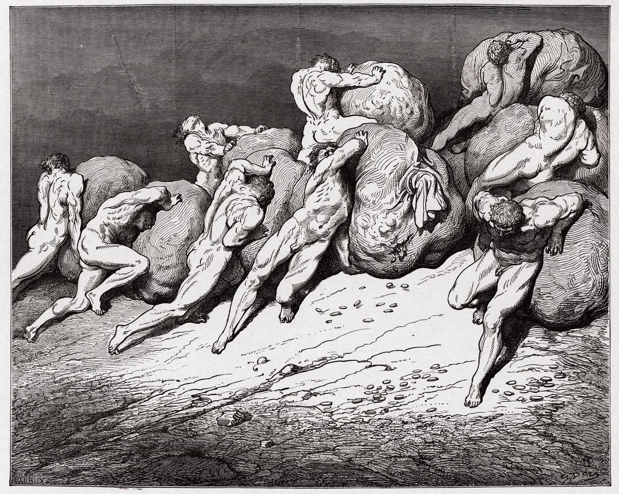 The Divine Comedy (La Divina Commedia, La Divine Comedie), Inferno, Canto 7: De griskes og de fortaptes sjeler tvunget til å rulle tunge steiner - av Dante Alighieri (1265-1321) - Illustrasjon av Gustave Dore (1832-1883) av Gustave Dore