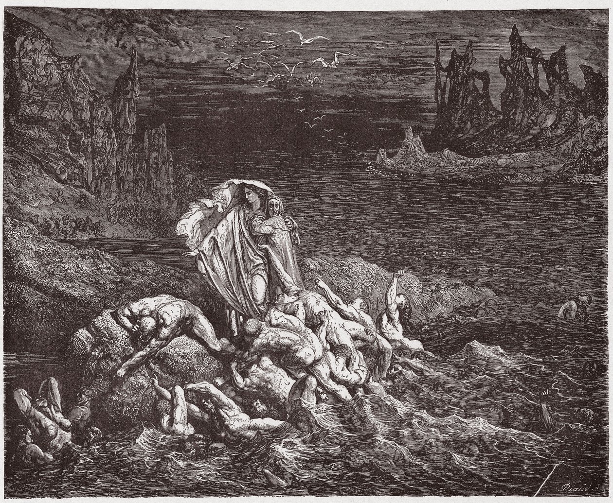 The Divine Comedy (La Divina Commedia, La Divine Comedie), Inferno, Canto 7: Virgil viser Dante sjelene til de vredne i Styx - av Dante Alighieri (1265-1321) - Illustrasjon av Gustave Dore (1832-1883) av Gustave Dore