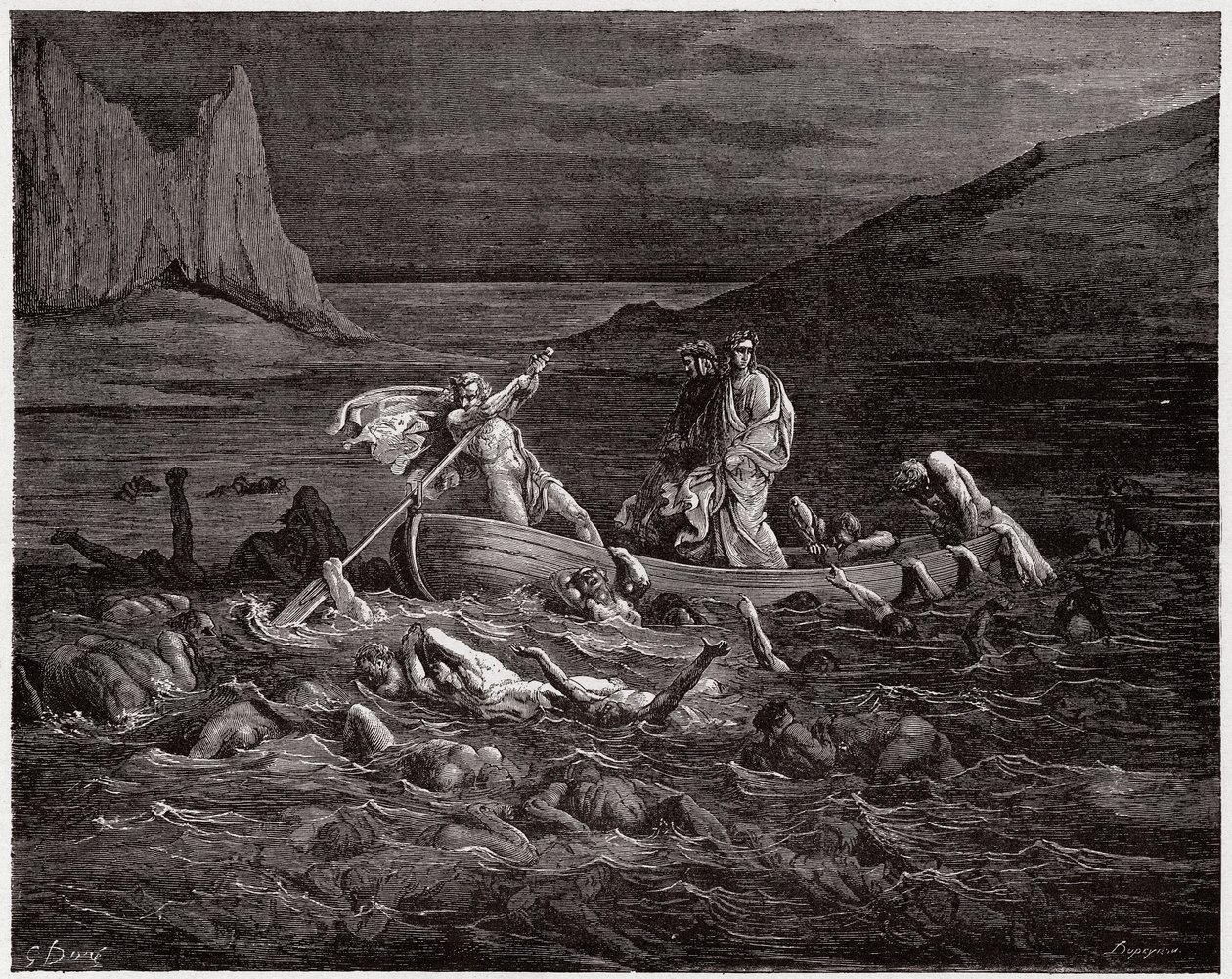 The Divine Comedy (La Divina Commedia, La Divine Comedie), Inferno, Canto 8: Phlegyas ferger Dante og Virgil over Styx - av Dante Alighieri (1265-1321) - Illustrasjon av Gustave Dore (1832-1883) av Gustave Dore