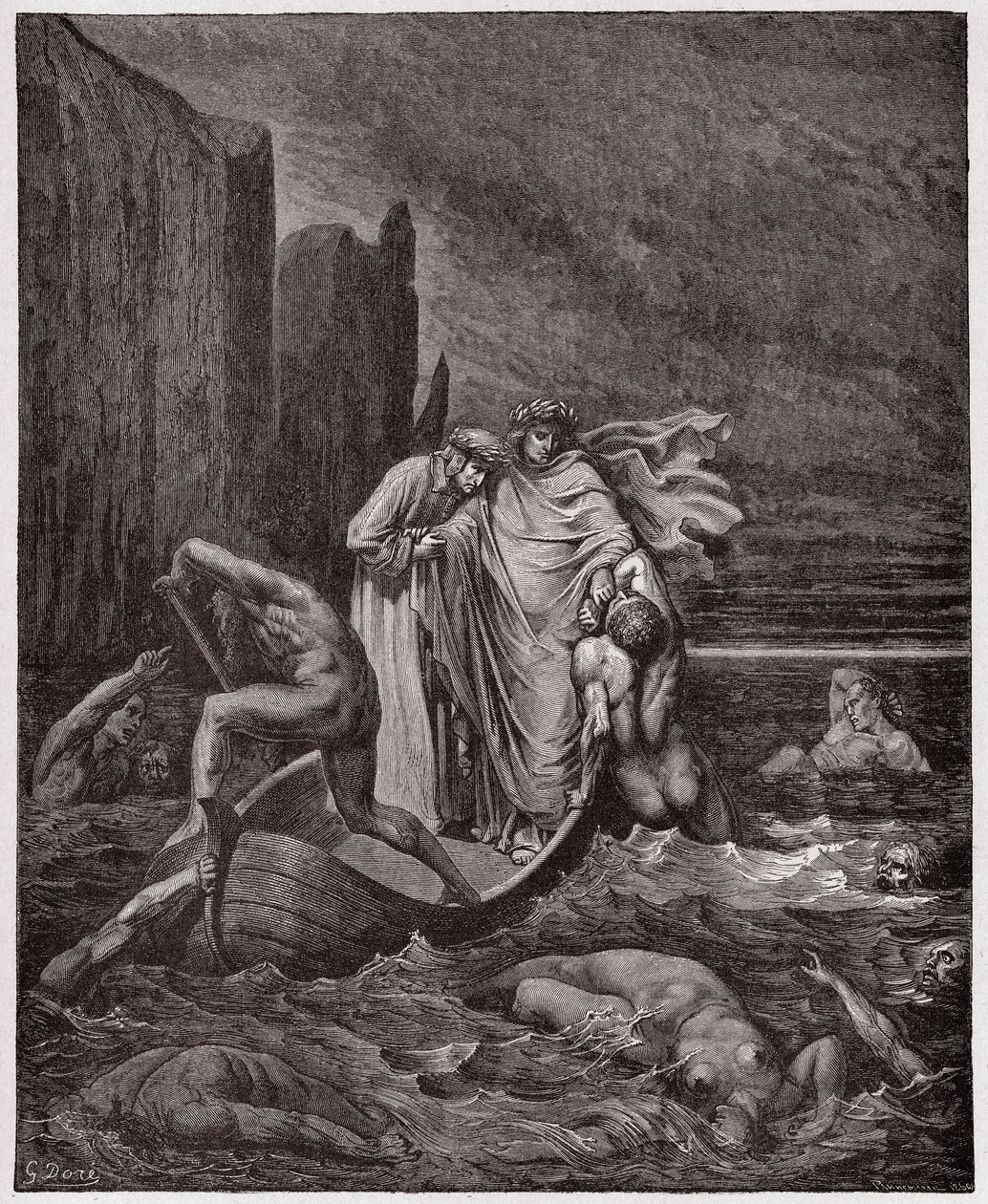 The Divine Comedy (La Divina Commedia, La Divine Comedie), Inferno, Canto 8: Florentineren Philippo Argentis sjel tiltaler poetene på Styx - av Dante Alighieri (1265-1321) - Illustrasjon av Gustave Dore (1832-1883) av Gustave Dore