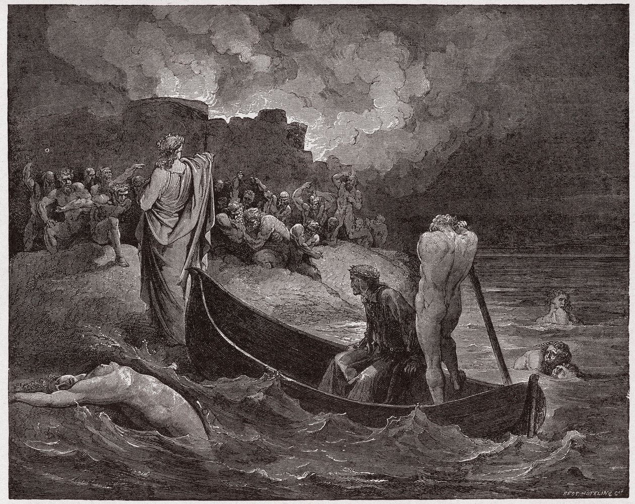 Den guddommelige komedie (La Divina Commedia, La Divine Comedie), Inferno, Canto 8: Virgil og Dante går i land ved citadellet Dis - av Dante Alighieri (1265-1321) - Illustrasjon av Gustave Dore (1832-1883) av Gustave Dore