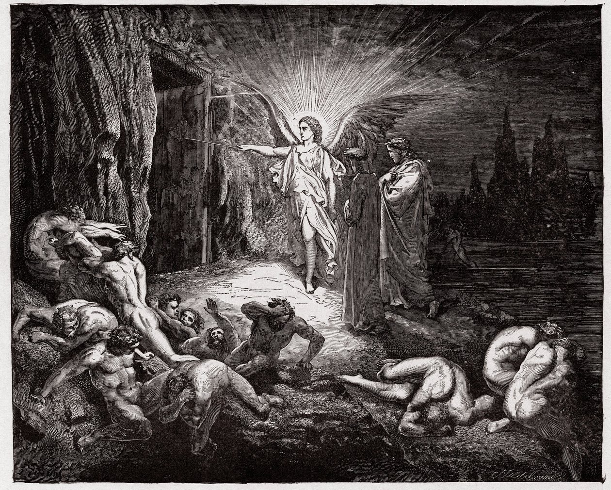 Den guddommelige komedie (La Divina Commedia, La Divine Comedie), Inferno, Canto 9: Engelen åpner portene - av Dante Alighieri (1265-1321) - Illustrasjon av Gustave Dore (1832-1883) av Gustave Dore