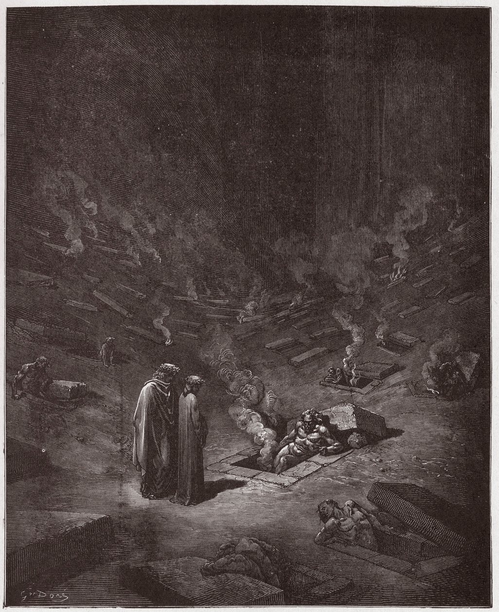 The Divine Comedy (La Divina Commedia, La Divine Comedie), Inferno, Canto 9: The burning sepulchres of the heresiarchs - av Dante Alighieri (1265-1321) - Illustrasjon av Gustave Dore (1832-1883) av Gustave Dore