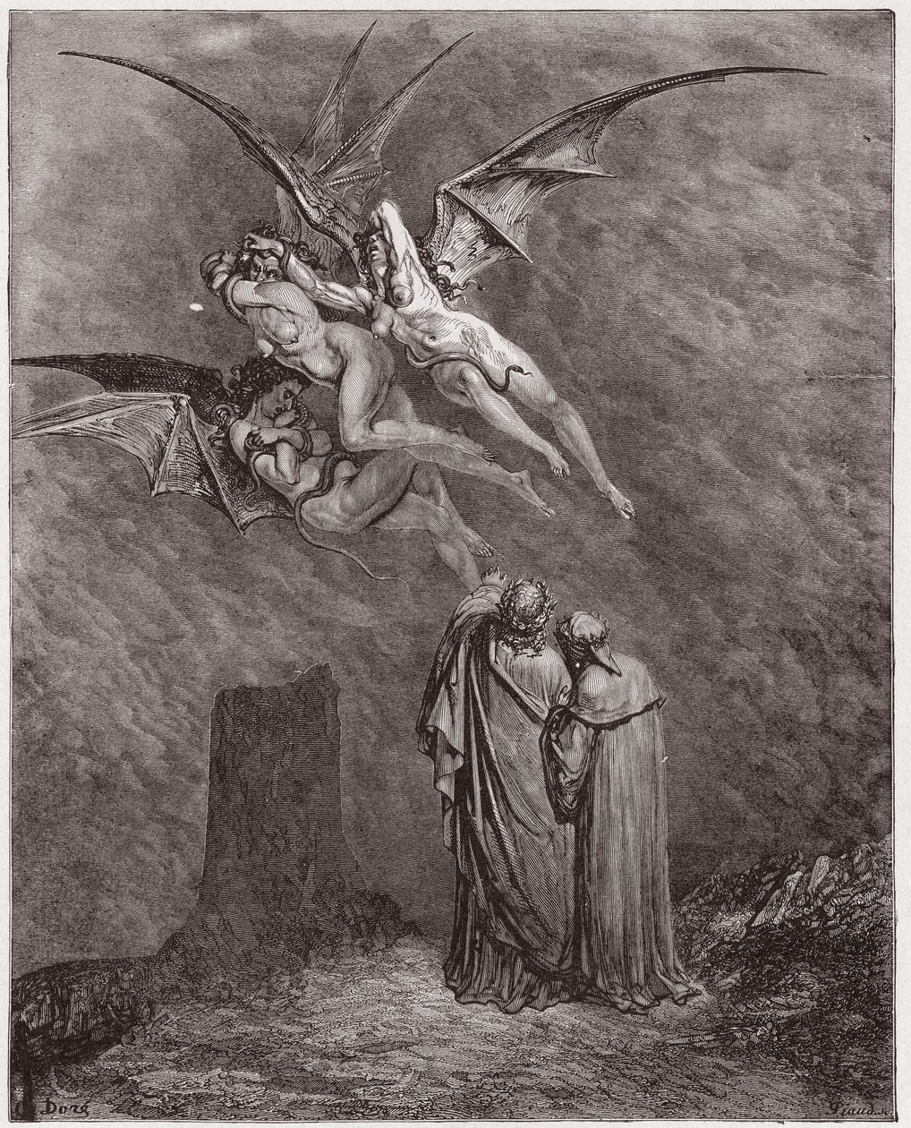 The Divine Comedy (La Divina Commedia, La Divine Comedie), Inferno, Canto 9: The hideous Erinyes: Megaera, Tisphone, Alecto - by Dante Alighieri (1265-1321) - Illustration by Gustave Dore (1832-1883) av Gustave Dore