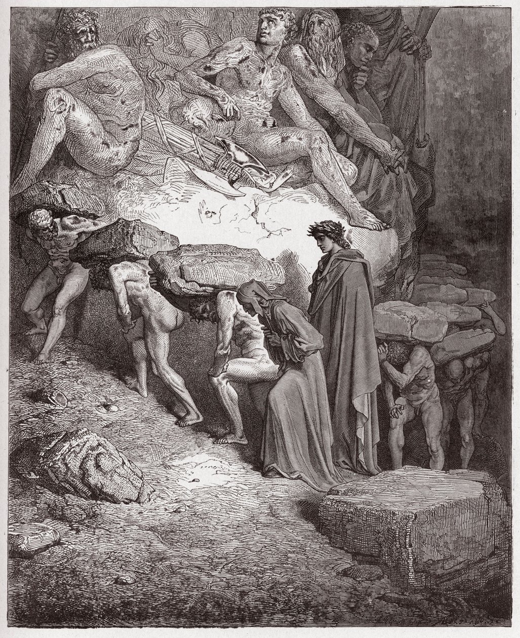 The Divine Comedy (La Divina Commedia, La Divine Comedie), Purgatorio, Canto 11: The souls of the prideful, bærende tunge steiner - av Dante Alighieri (1265-1321) - Illustrasjon av Gustave Dore (1832-1883) av Gustave Dore