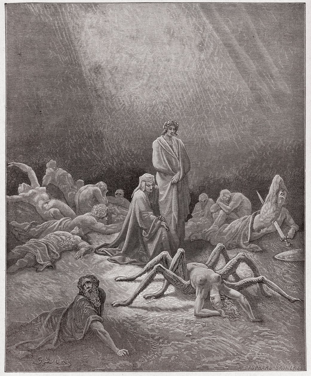The Divine Comedy (La Divina Commedia, La Divine Comedie), Purgatorio, Canto 12: Dante ser på Arachnes sjel - av Dante Alighieri (1265-1321) - Illustrasjon av Gustave Dore (1832-1883) av Gustave Dore