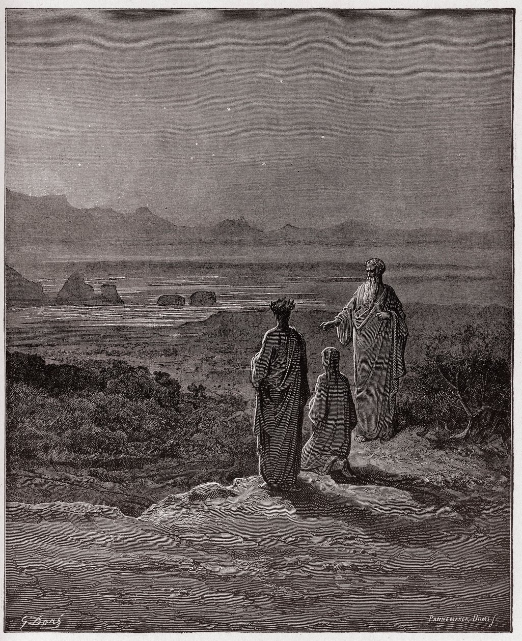 Den guddommelige komedie (La Divina Commedia, La Divine Comedie), Purgatorio, Canto 1: Dante kneler foran Statius - av Dante Alighieri (1265-1321) - Illustrasjon av Gustave Dore (1832-1883) av Gustave Dore