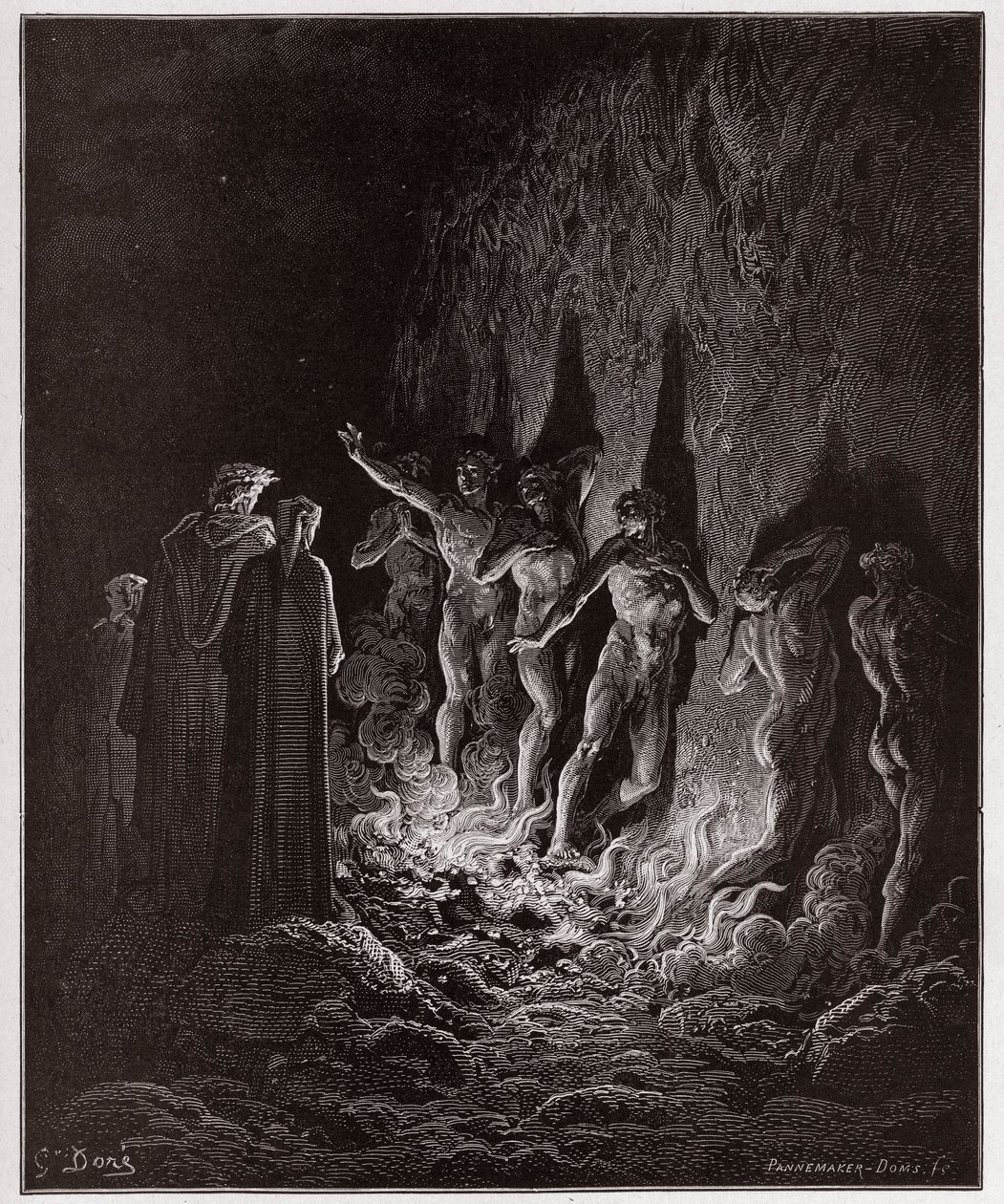 Den guddommelige komedie (La Divina Commedia, La Divine Comedie), Purgatorio, Canto 25: Den lystne passerer gjennom ild i den syvende sirkel - av Dante Alighieri (1265-1321) - Illustrasjon av Gustave Dore (1832-1883) av Gustave Dore