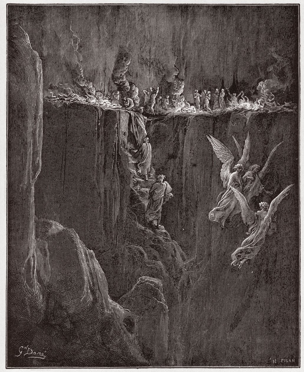 The Divine Comedy (La Divina Commedia, La Divine Comedie), Purgatorio, Canto 25: Virgil og Dante stiger opp til den syvende sirkelen gjennom flammer - av Dante Alighieri (1265-1321) - Illustrasjon av Gustave Dore (1832-1883) av Gustave Dore