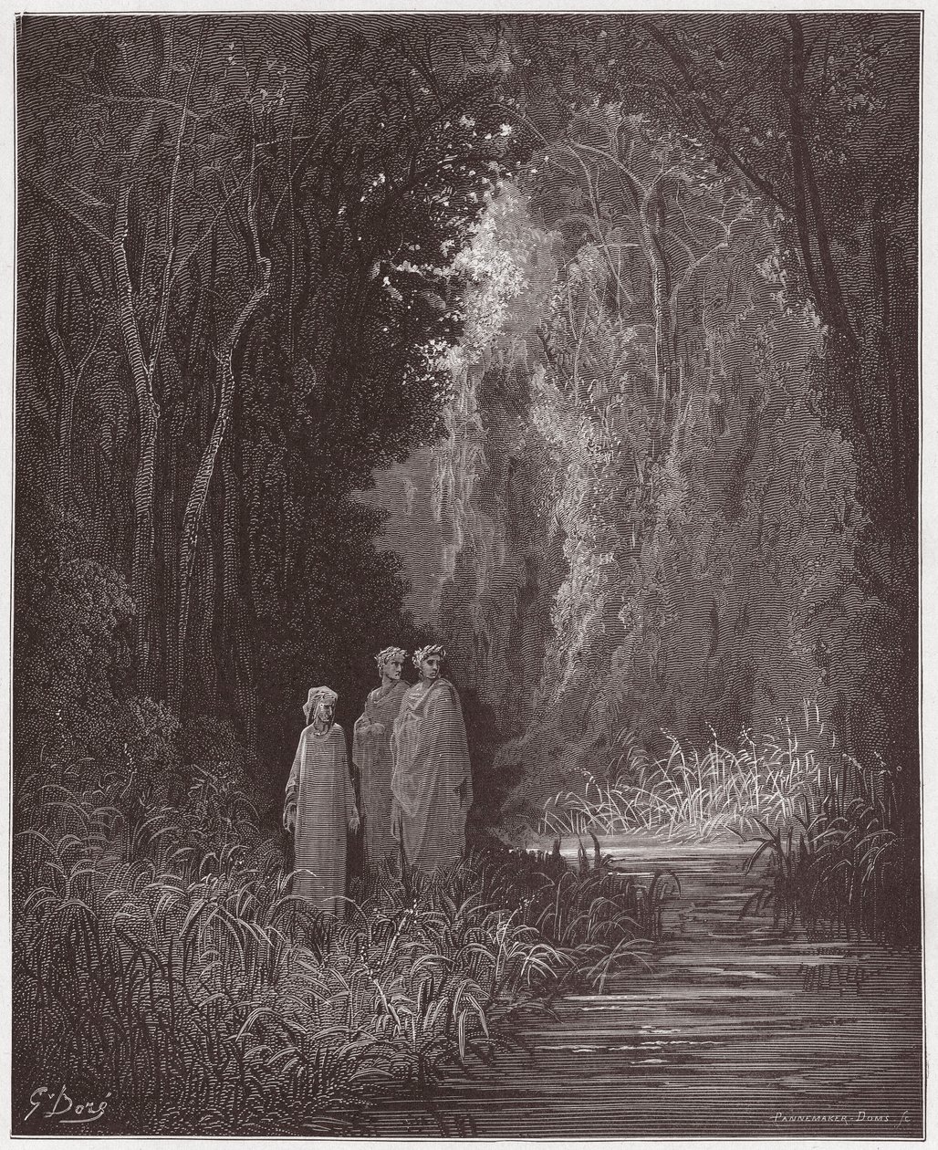 Den guddommelige komedie (La Divina Commedia, La Divine Comedie), Purgatorio, Canto 28: Dante, Virgil og Statius i den eldgamle skogen i det terrestriske paradiset - av Dante Alighieri (1265-1321) - Illustrasjon av Gustave Dore (1832-1883) ) av Gustave Dore