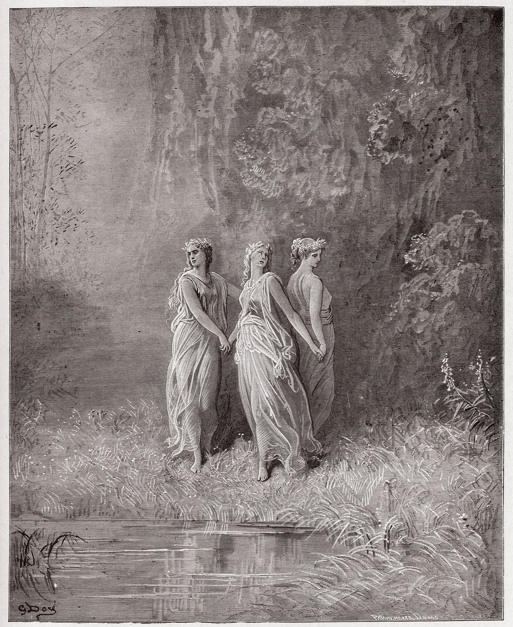 The Divine Comedy (La Divina Commedia, La Divine Comedie), Purgatorio, Canto 29: Charity, Hope, and Faith - av Dante Alighieri (1265-1321) - Illustrasjon av Gustave Dore (1832-1883) av Gustave Dore