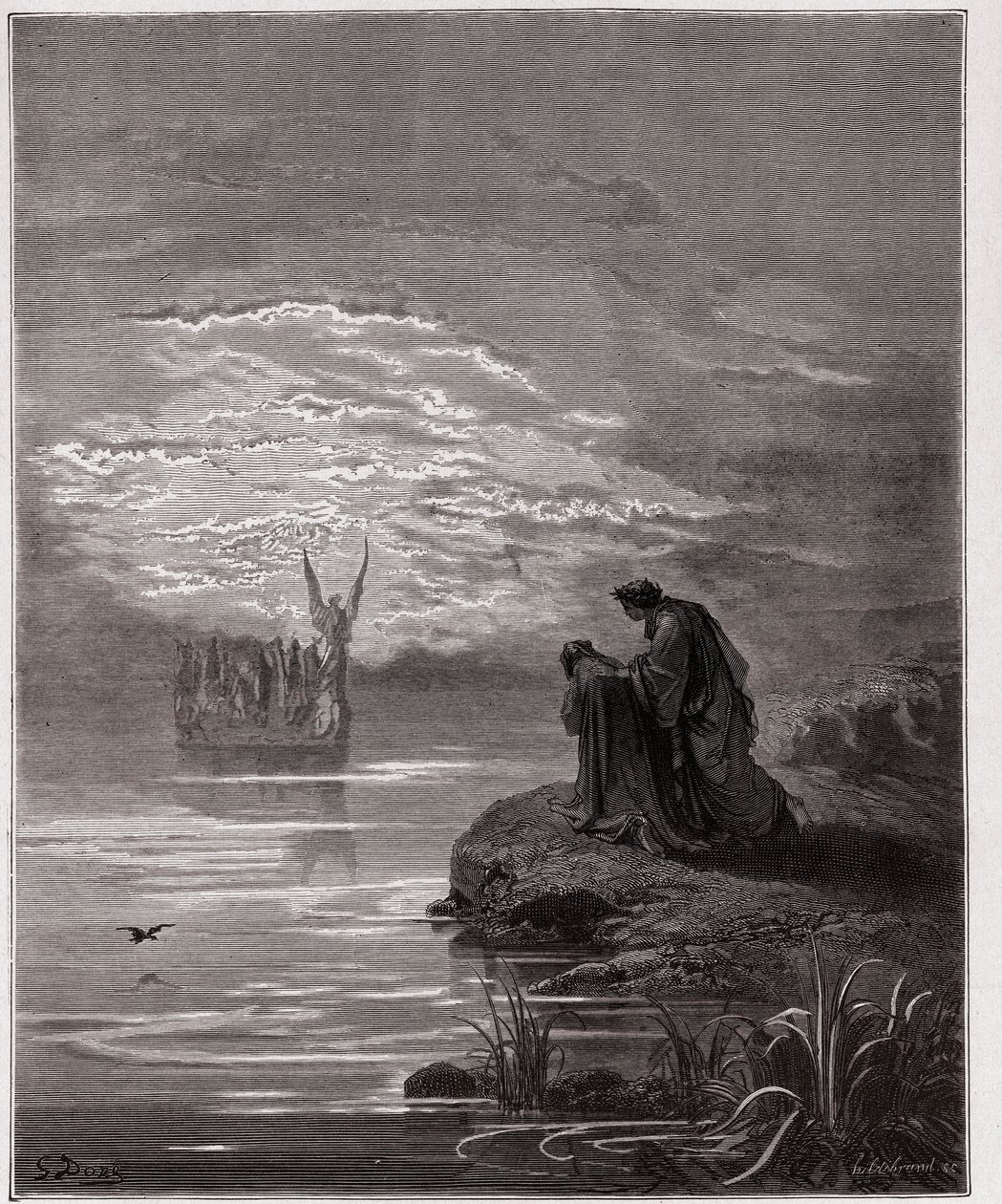 The Divine Comedy (La Divina Commedia, La Divine Comedie), Purgatorio, Canto 2: Dante bukker seg for englepiloten - av Dante Alighieri (1265-1321) - Illustrasjon av Gustave Dore (1832-1883) av Gustave Dore