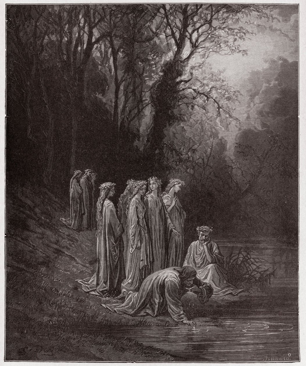 The Divine Comedy (La Divina Commedia, La Divine Comedie), Purgatorio, Canto 33: Dante drinks of the River Eunoe - av Dante Alighieri (1265-1321) - Illustrasjon av Gustave Dore (1832-1883) av Gustave Dore
