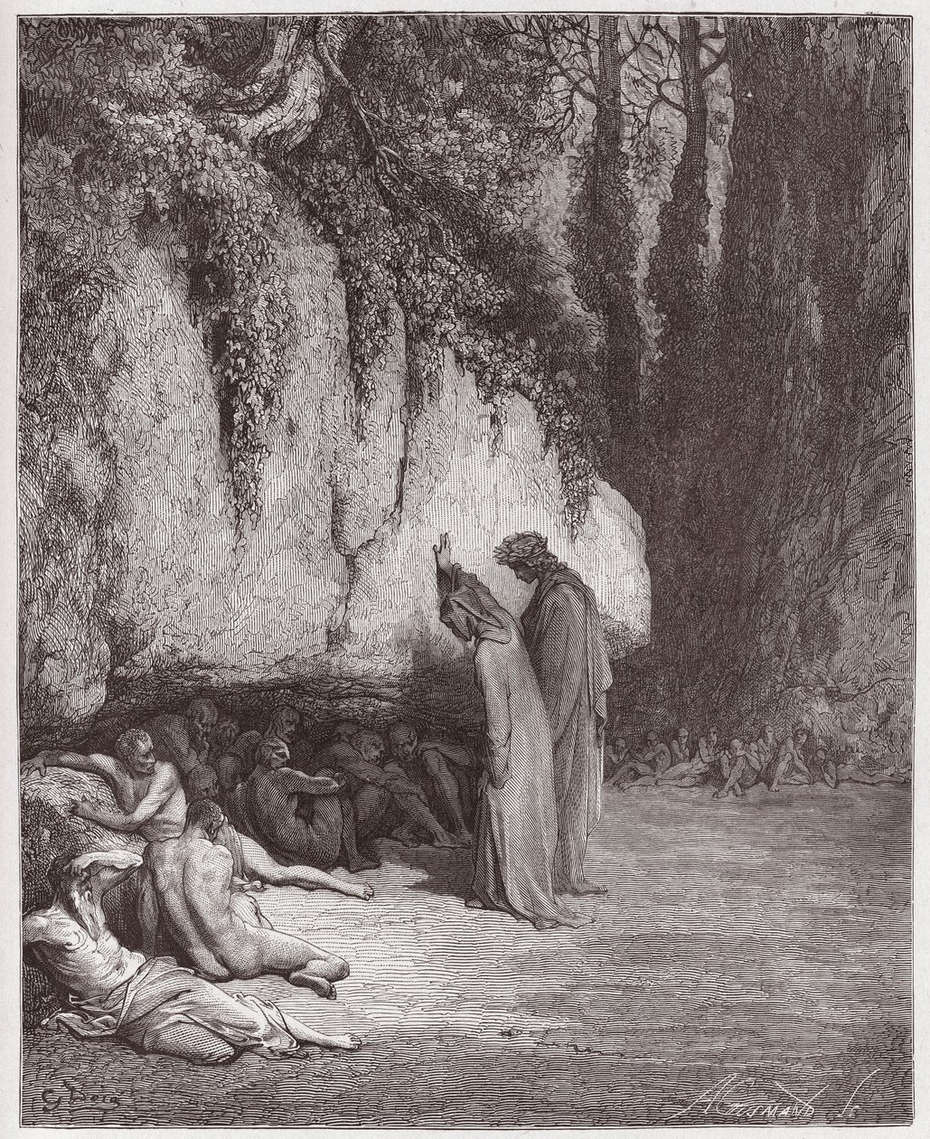 The Divine Comedy (La Divina Commedia, La Divine Comedie), Purgatorio, Canto 4: The indolent souls beside the rock - av Dante Alighieri (1265-1321) - Illustrasjon av Gustave Dore (1832-1883) av Gustave Dore
