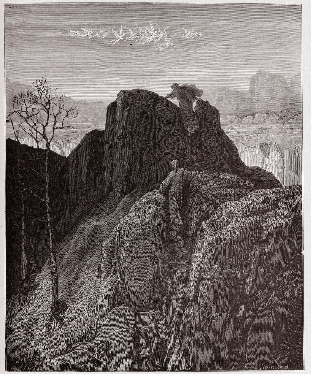 The Divine Comedy (La Divina Commedia, La Divine Comedie), Purgatorio, Canto 4: Virgil fører Dante opp den forrevne fjellsiden - av Dante Alighieri (1265-1321) - Illustrasjon av Gustave Dore (1832-1883) av Gustave Dore