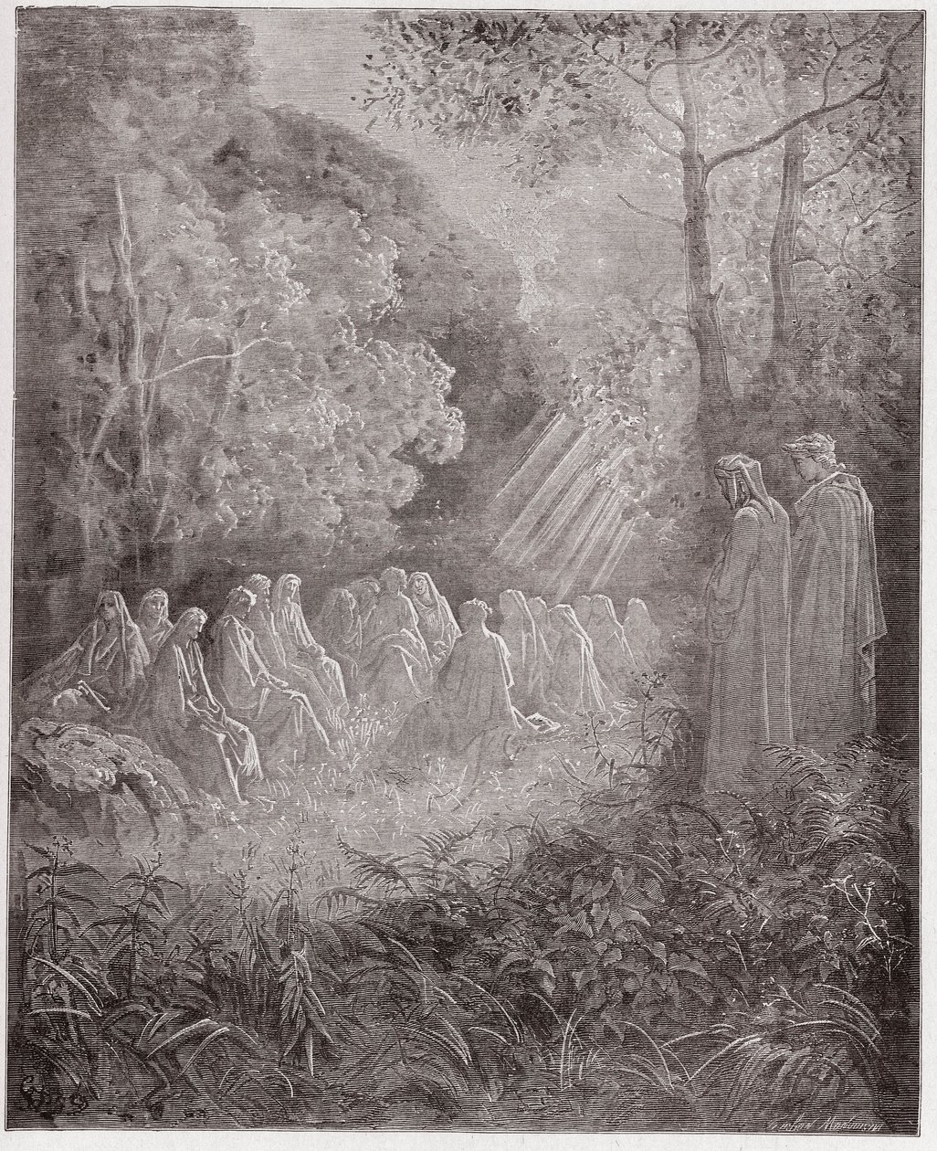The Divine Comedy (La Divina Commedia, La Divine Comedie), Purgatorio, Canto 7: Åndene synger Salve Regina in the dell - av Dante Alighieri (1265-1321) - Illustrasjon av Gustave Dore (1832-1883) av Gustave Dore