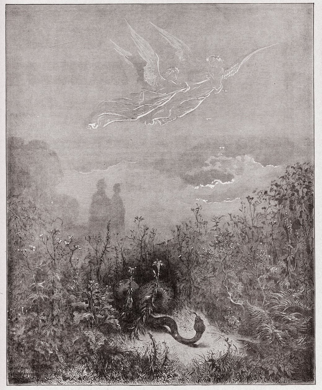 The Divine Comedy (La Divina Commedia, La Divine Comedie), Purgatorio, Canto 8: Englene driver slangen bort - av Dante Alighieri (1265-1321) - Illustrasjon av Gustave Dore (1832-1883) av Gustave Dore