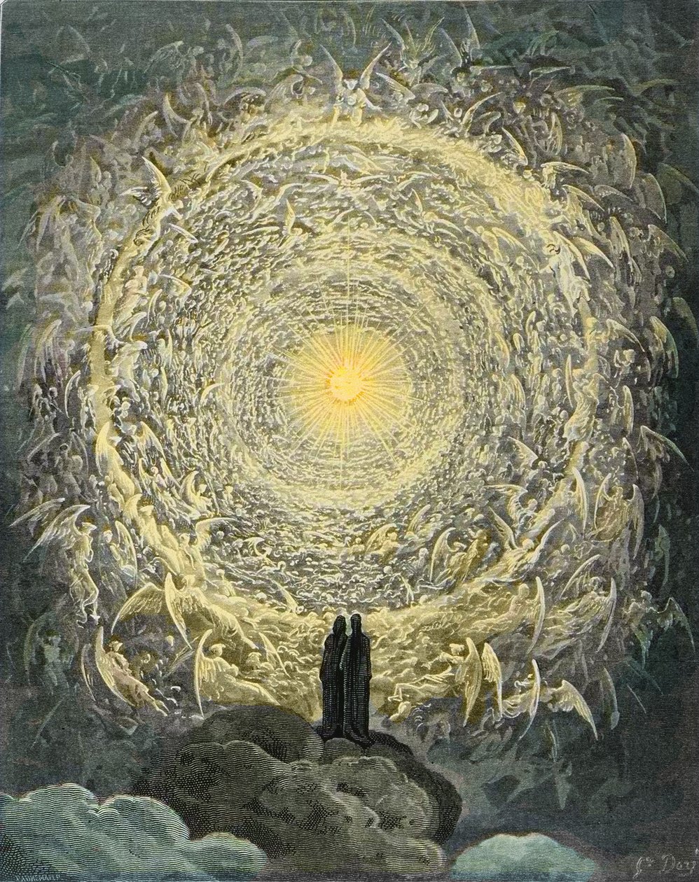 The Divine Comedy, Paradiso, Canto 31: Den hellige flokken danner en rose i det empyriske (rose celeste) - av Dante Alighieri (1265-1321) av Gustave Dore