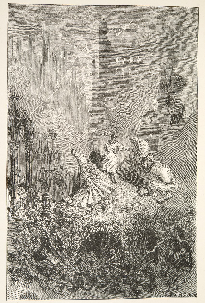 The Downfall of King Pellams Castle, fra Stories of the Days of King Arthur av Charles Henry Hanson, pub.1898 av Gustave Dore