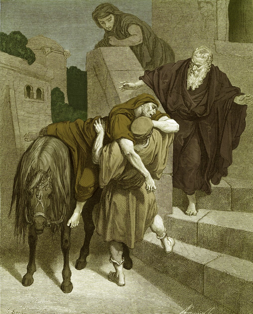 Den barmhjertige samaritan på vertshuset, av Doré. - Bibelen av Gustave Dore