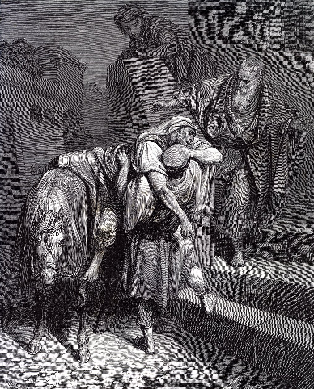 Den barmhjertige samaritan på vertshuset, av Doré. - Bibelen av Gustave Dore