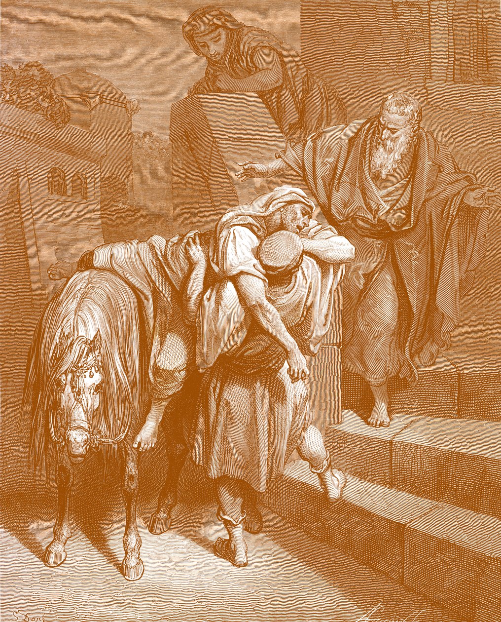 Den barmhjertige samaritan på vertshuset, av Doré. - Bibelen av Gustave Dore
