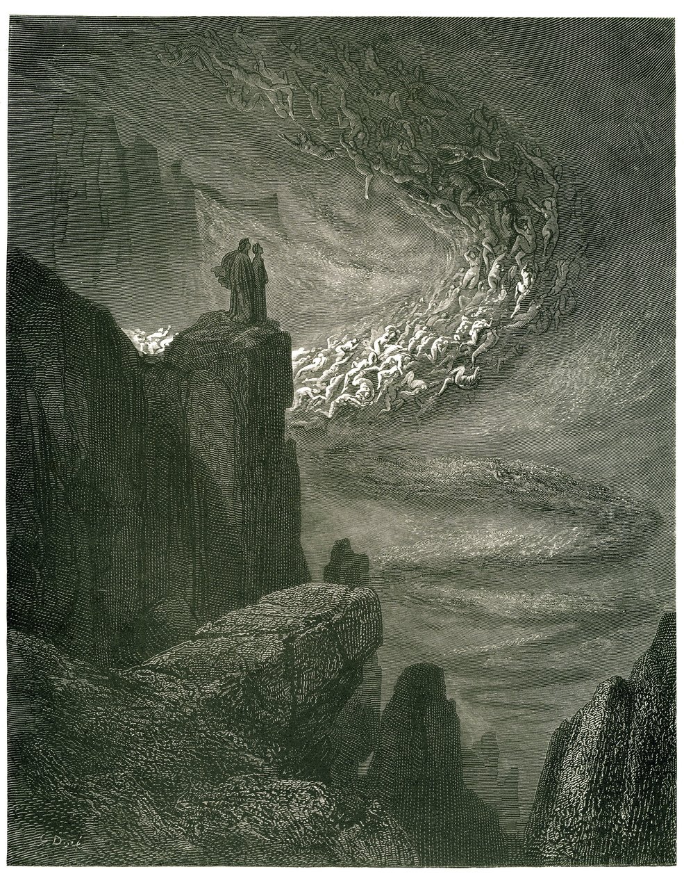 The Hell of Dante Alighieri (den guddommelige komedie) illustrert av Gustave Dore. Fransk utgave av 1861. «Den infernalske stormen, som aldri forblir / Beseirer åndene med sitt ran. (Den infernalske orkanen, som aldri stopper, trekker ånder inn i sin virve av Gustave Dore