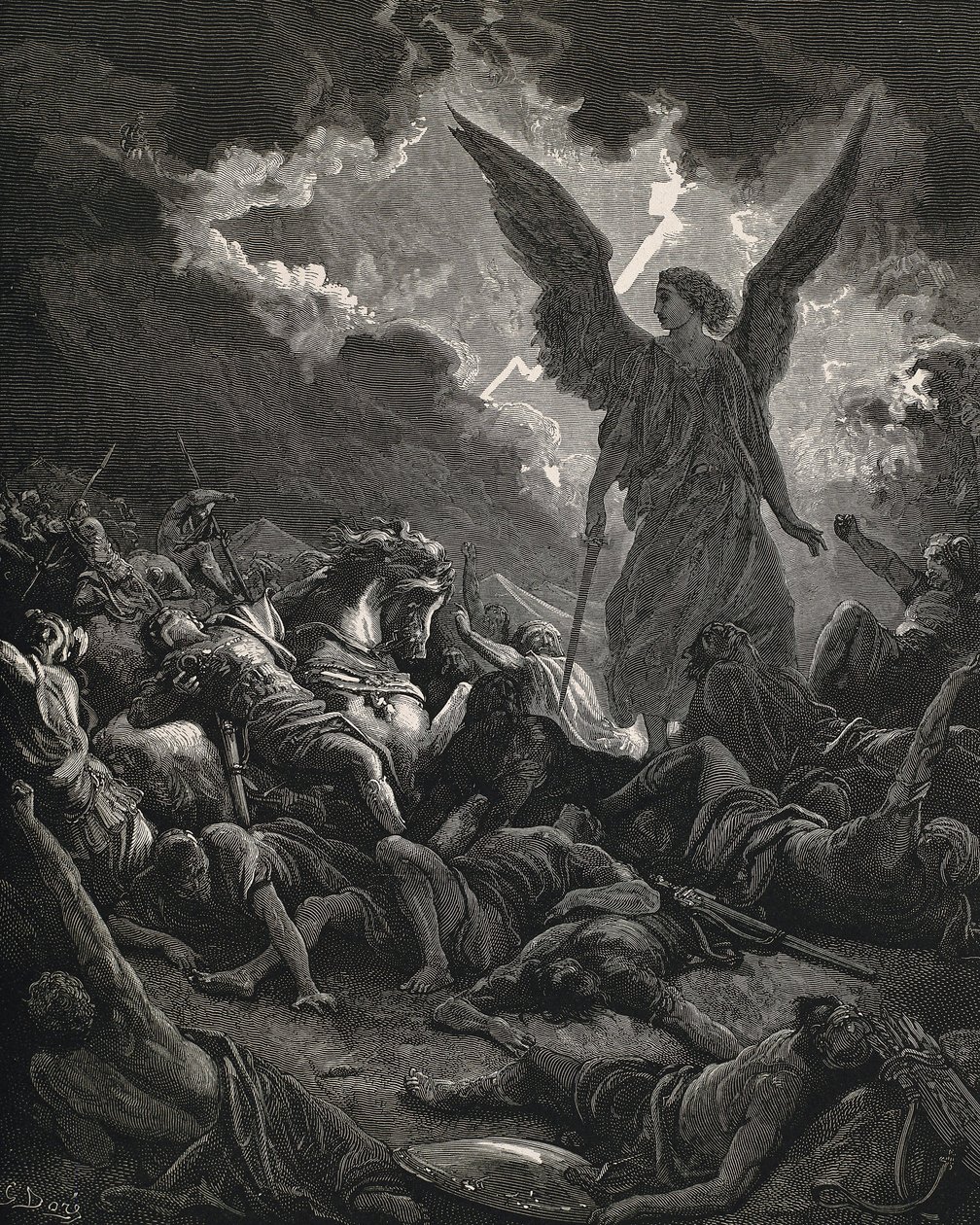 Den hellige bibel. 1866. SENNACHERIB (705-681 f.Kr.). Konge av Assyria (705-681 f.Kr.). Herrens engel av Sankeribs hær. Gravering av Gustave Dore