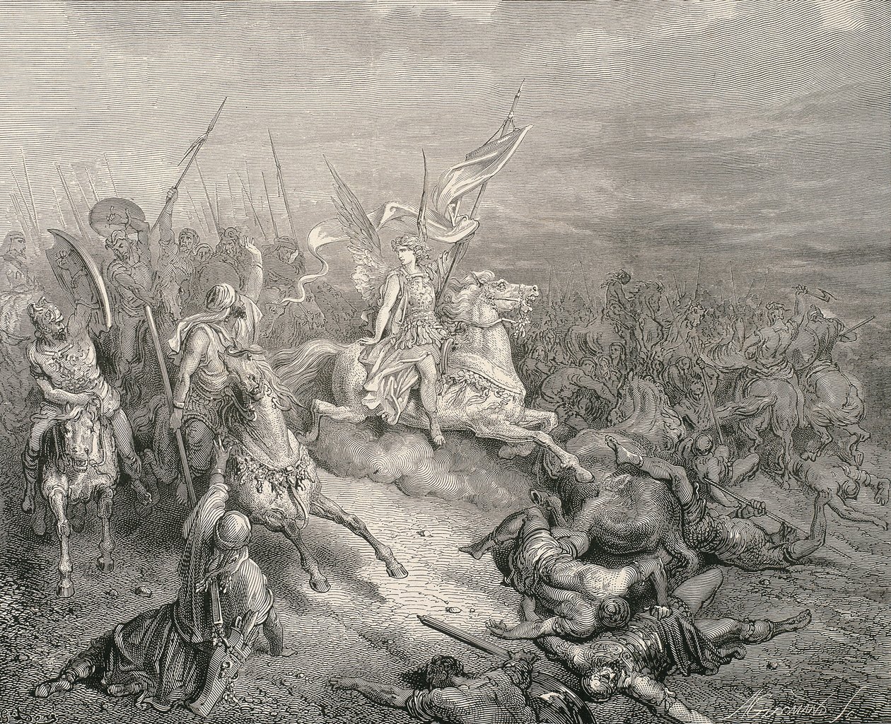 Den hellige bibel. 1866. Makkabeernes engel. Gravering av Gustave Dore