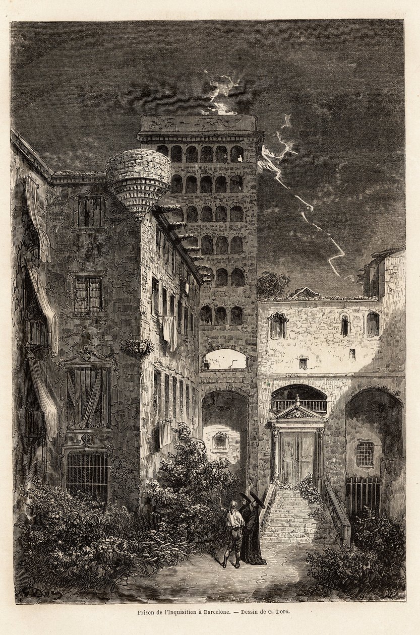 Inkvisisjonsfengselet i Barcelona, tegning av Gustave Dore (1832-1883), for å illustrere hans reise til Spania, med C. Davillier, i 1862. Gravering i "" Le tour du monde ", redigert av Edouard Charton av Gustave Dore