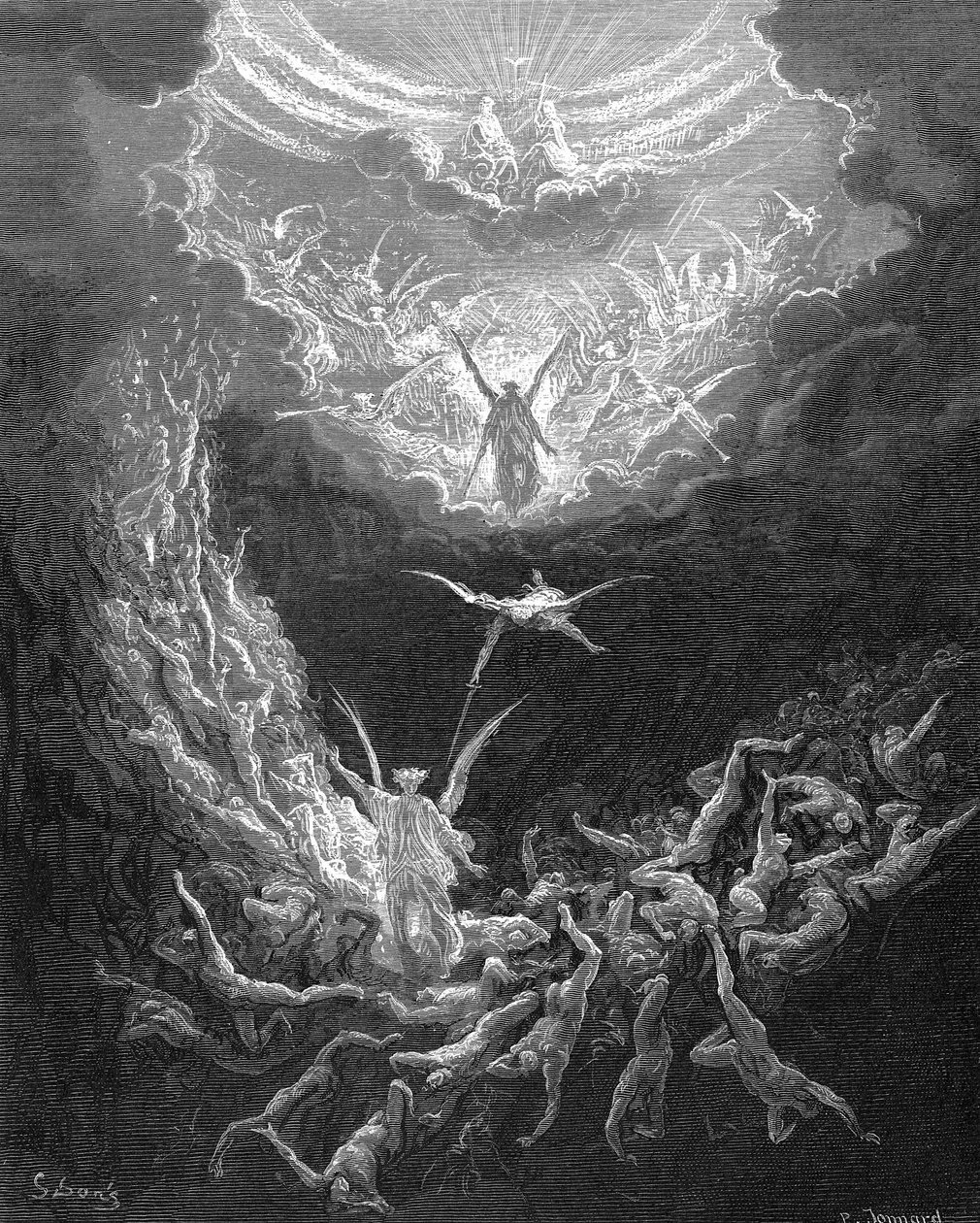 Den siste dommen. Bibelens Åpenbaringsbok 20:11. Illustrasjon av Gustave Dore 1865-1866. Tregravering av Gustave Dore