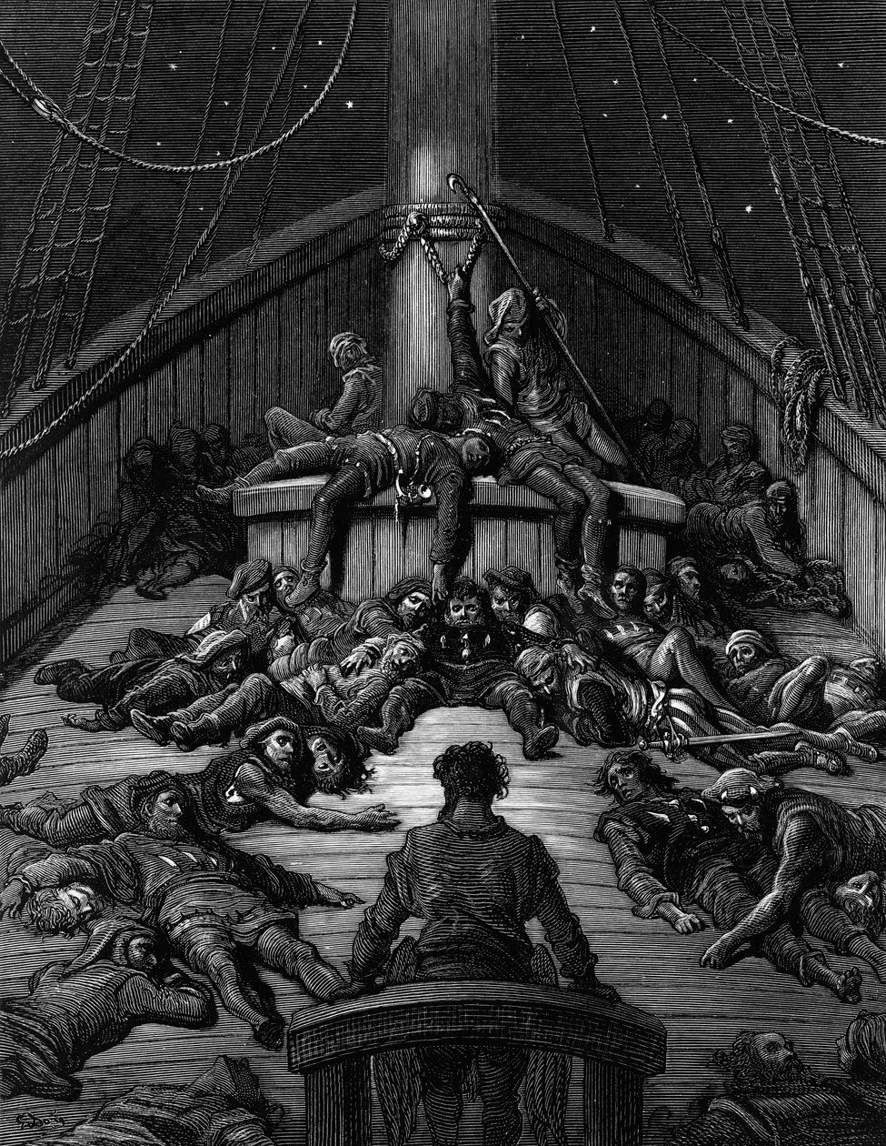 Sjømannen betrakter sine døde ledsagere og beklager forbannelsen over å overleve mens alle hans medseilere er døde, scene fra «The Rime of the Ancient Mariner» av ST Coleridge, utgitt av Harper amp; Brothers, New York av Gustave Dore