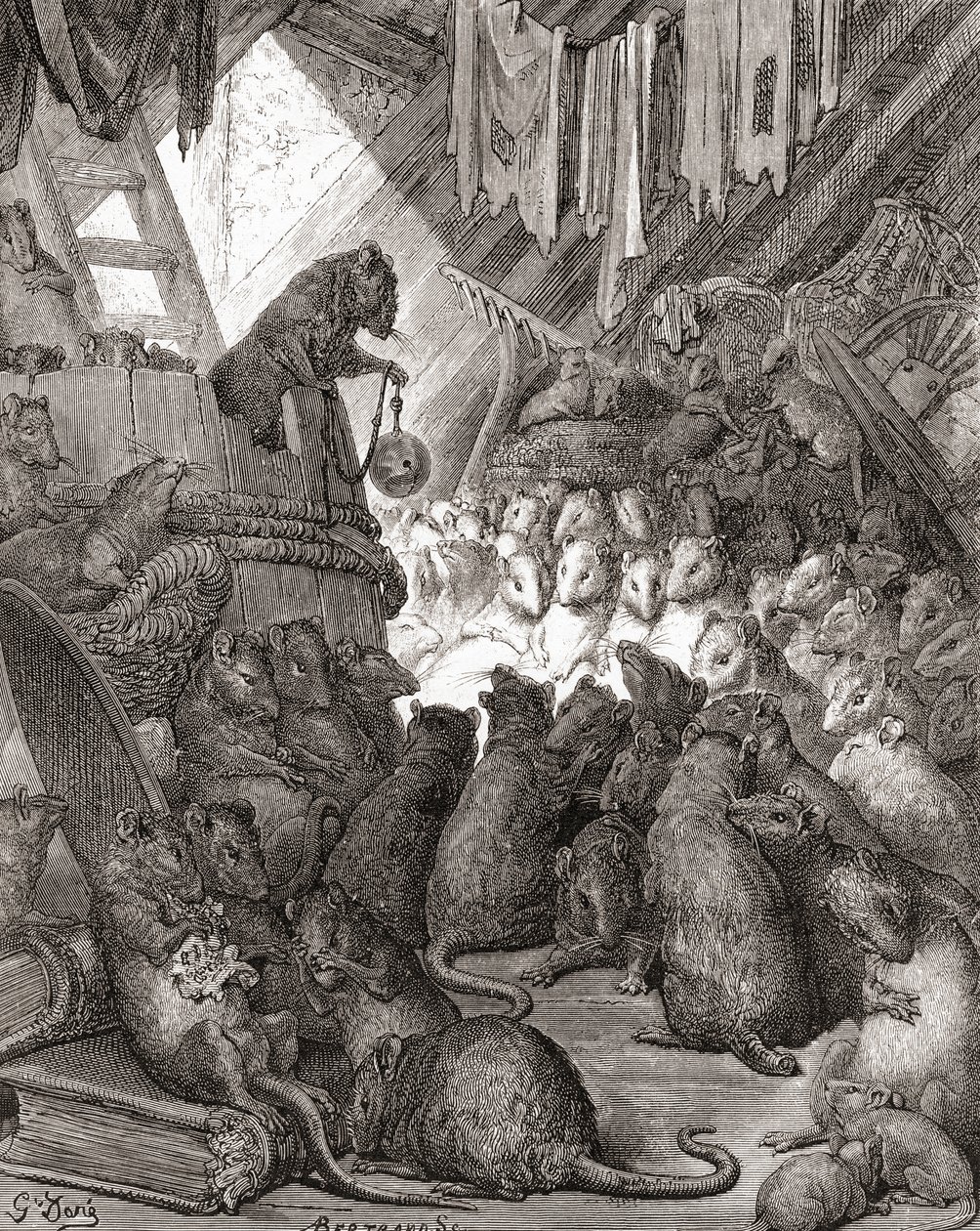 The Mice in Council, også kjent under titlene "Belling the Cat" og "The Bell and the Cat", fra en utgave av slutten av 1800-tallet av "Fables de La Fontaine" (tregravering) av Gustave Dore