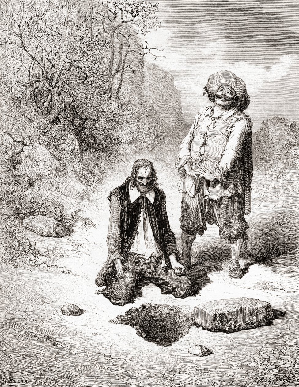 The Miser Who Lost His Treasure, fra en utgave av slutten av 1800-tallet av Fables de La Fontaine (tregravering) av Gustave Dore