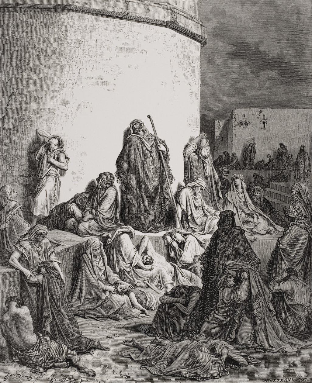 Folket sørger over ruinene av Jerusalem, Lamentations 1:1-2 illustrasjon fra Dores 