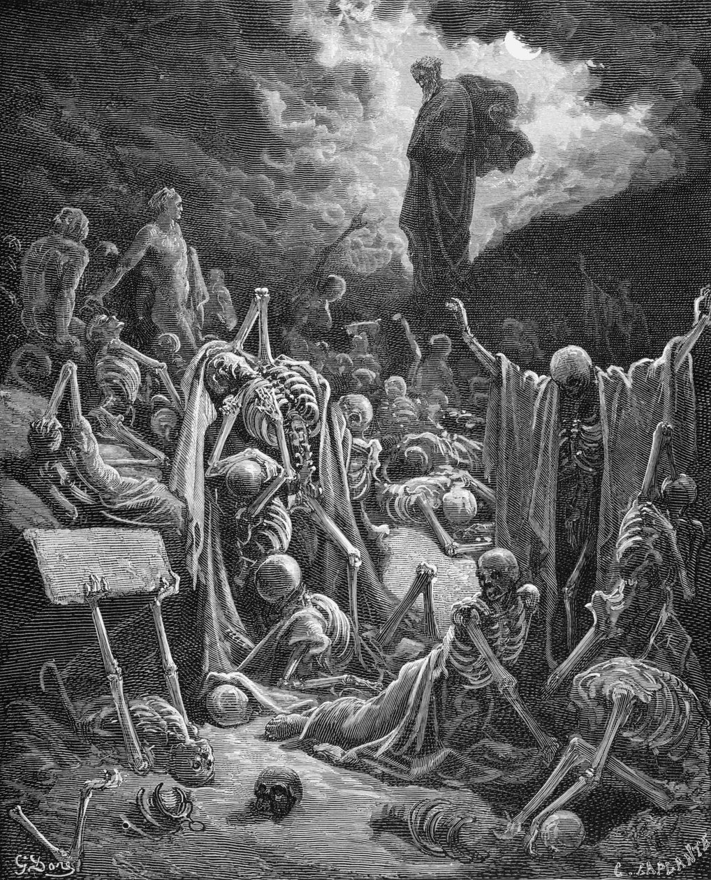 The Vision of the Valley of Dry Bones, Esekiel 37:1-2, illustrasjon fra Dores 'The Holy Bible', gravert av C. Laplante (d.1903) 1866 av Gustave Dore