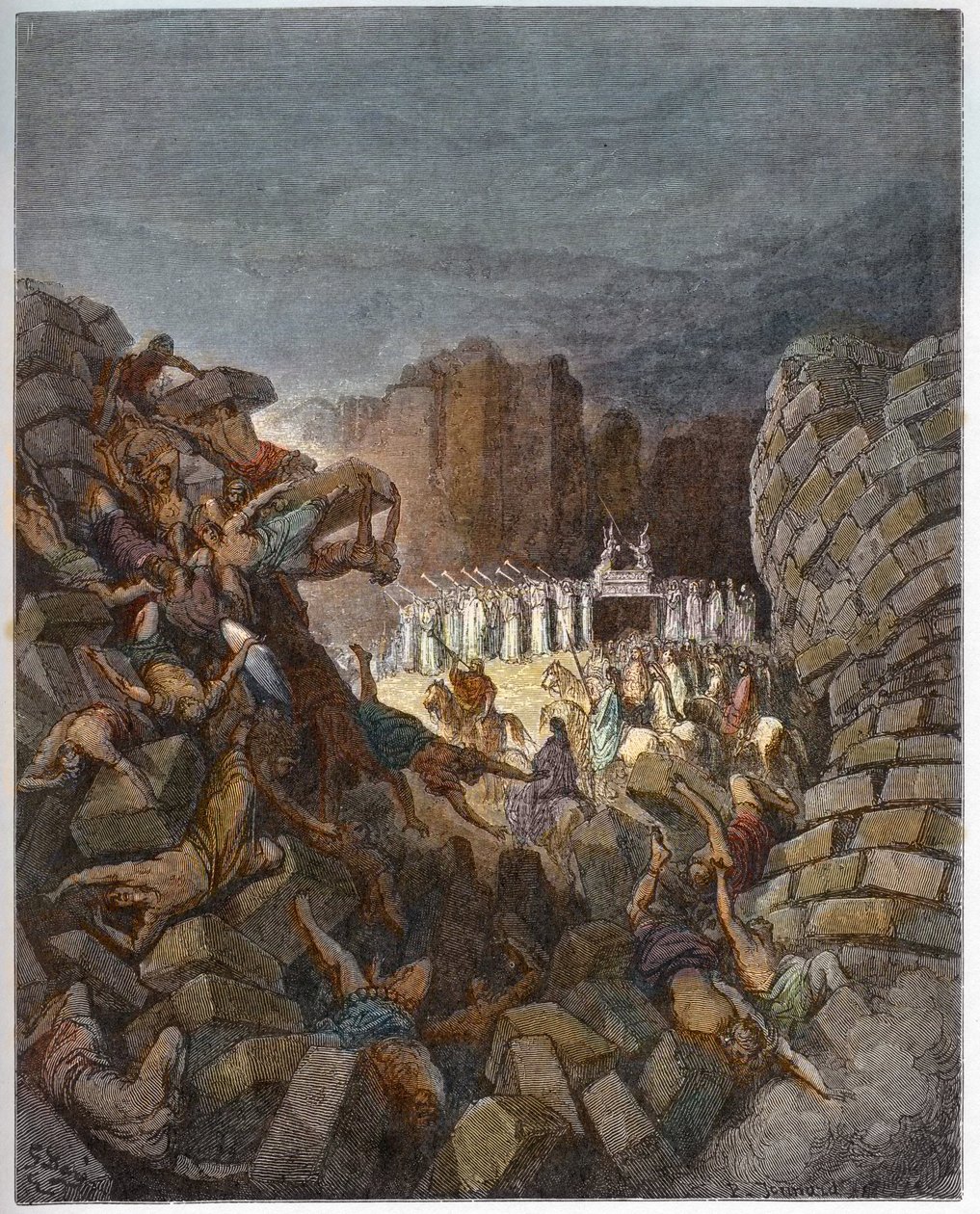 The Walls of Jericho Falling Down - The Fall of the Walls of Jericho - - Engraving in “” The Bible illustree”” by Gustave Dore (1832-1883) - Engraving from “” The Dore Bible”” av Gustave Dore