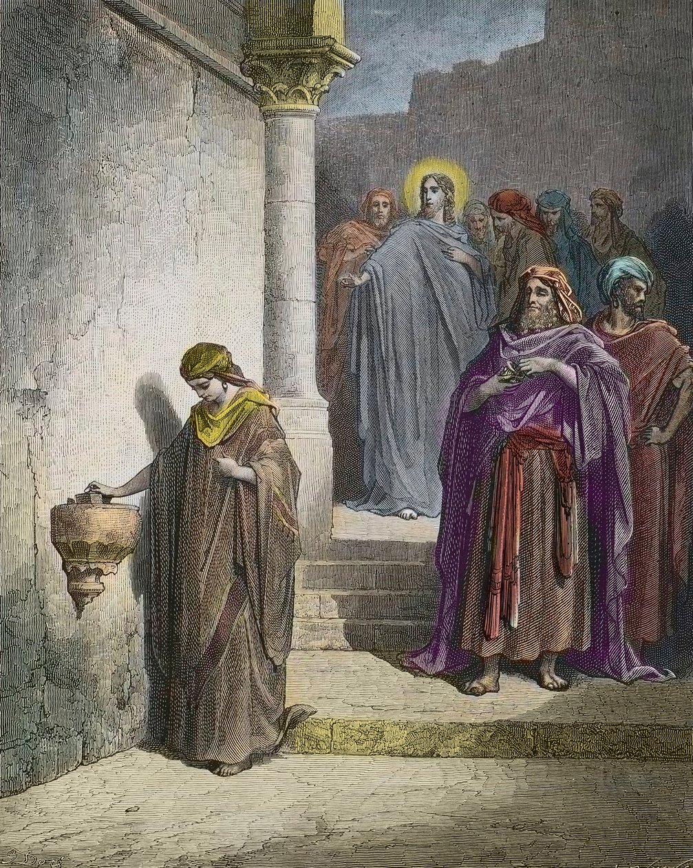 Enkens midd (Enkens tilbud) - gravering av Gustave Dore - senere fargelegging av Gustave Dore