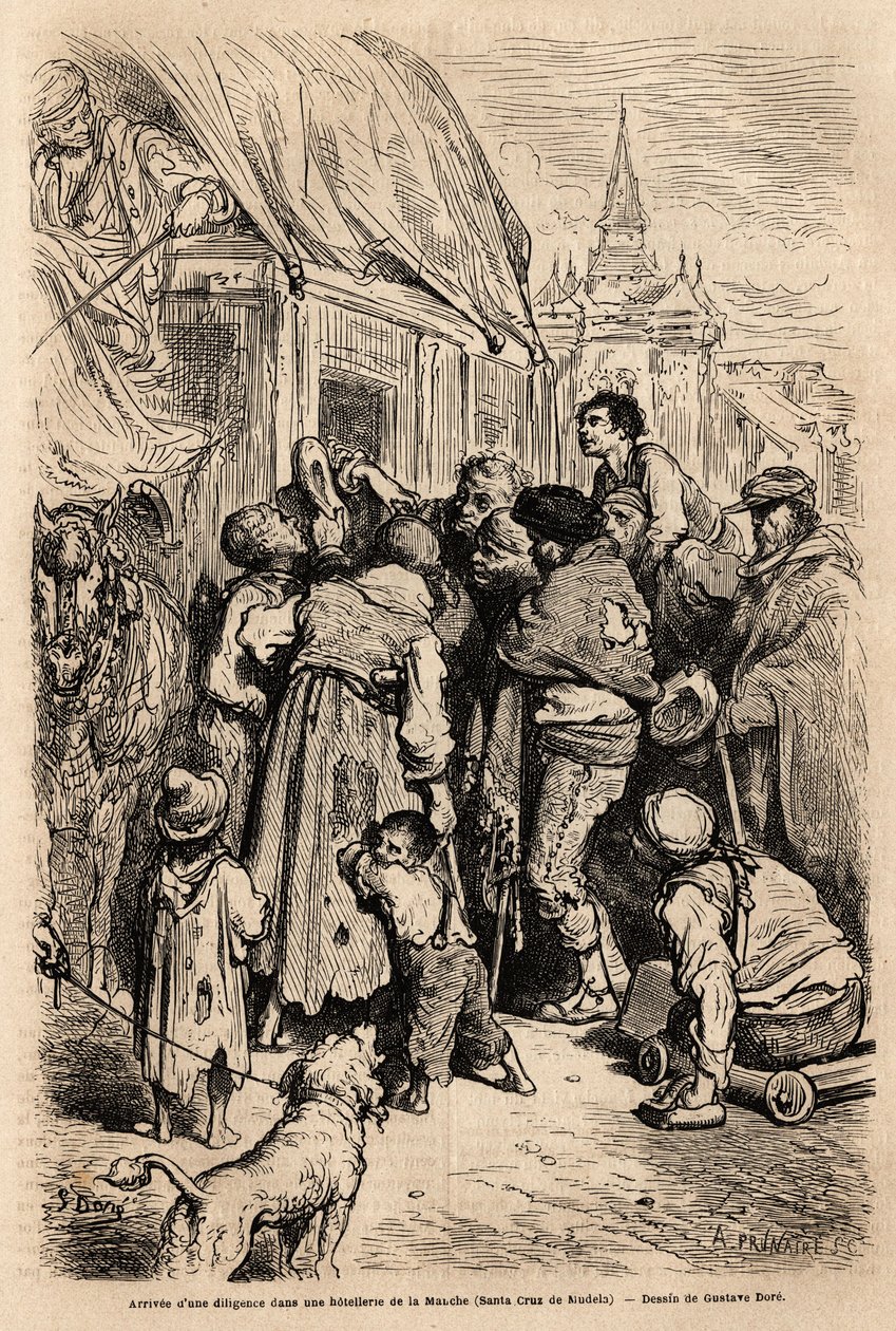 Ankomsten av flid på et hotell i Santa Cruz de modela (Mancha-provinsen), overfalt av tiggere som ringer etter almone. Tegning av Gustave Dore (1832-1883). Gravering for å illustrere reisen i Spania, i 1862 av Charles Davillier og Gustave Dore, i av Gustave Dore