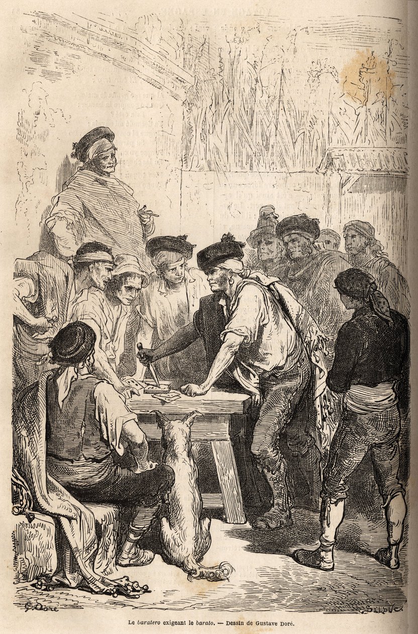 Den baratero våpen av navaja, krever barato, hyllest at han arrogates på mengden av hemmelige spill. Tegning av Gustave Dore (1832-1883), for å illustrere hans reise til Spania i 1862, med Ch. Davillier. Gravering i "" Le tour du monde"" av Gustave Dore